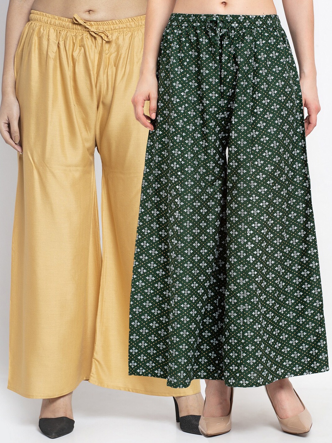 

GRACIT Set-2 Women Beige & Black Floral Printed Flared Knitted Ethnic Palazzos