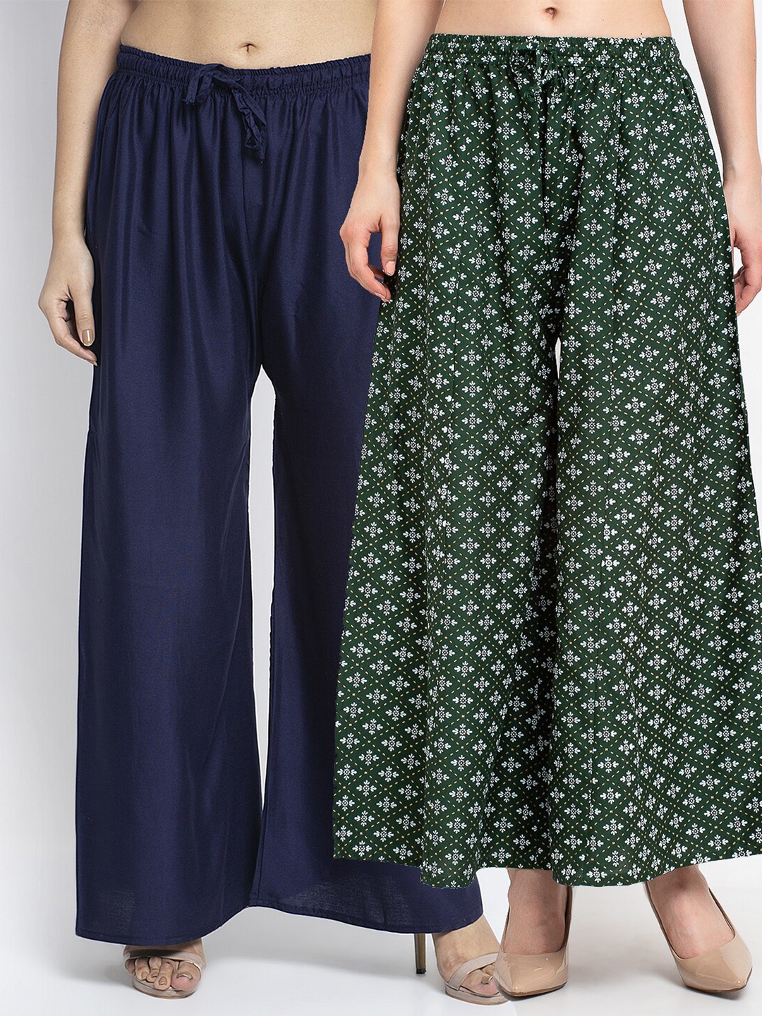 

GRACIT Women Pack Of 2 Navy Blue & Green Floral Printed Flared Knitted Ethnic Palazzos