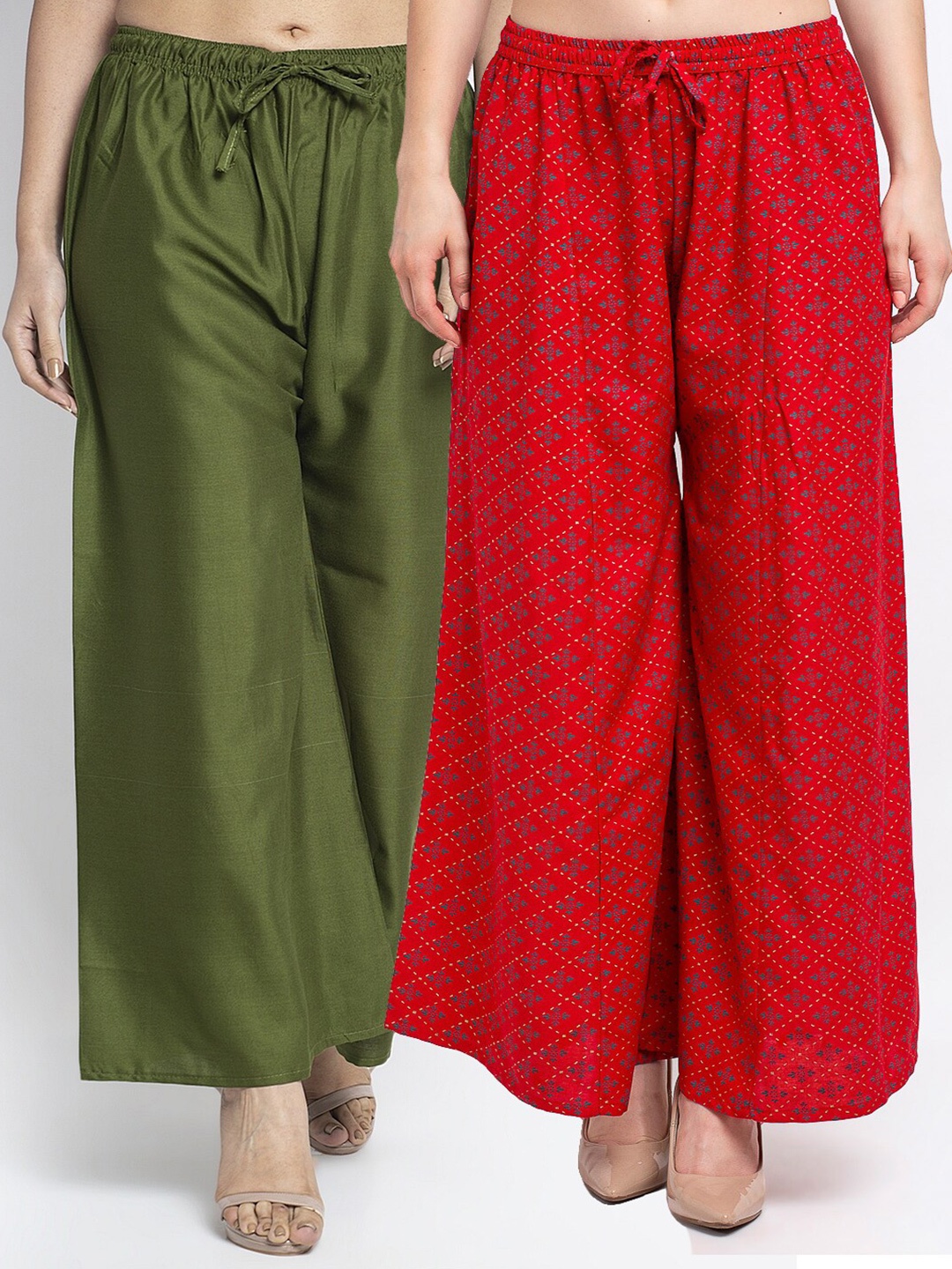 

GRACIT Women Pack of 2 Green & Red Ethnic Motifs Printed Flared Knitted Ethnic Palazzos