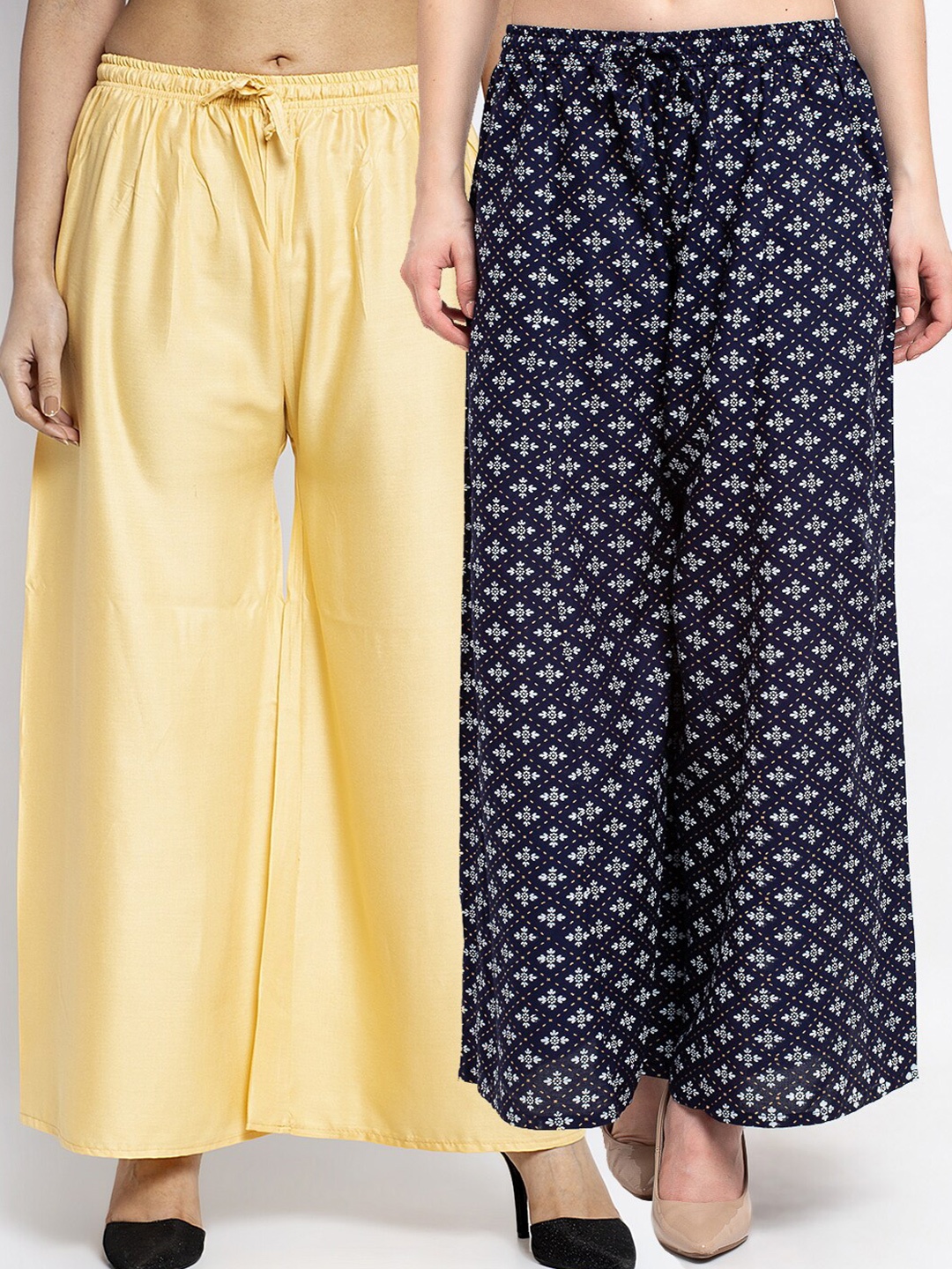 

GRACIT Set-2 Women Beige & Navy Blue Floral Printed Flared Knitted Ethnic Palazzos