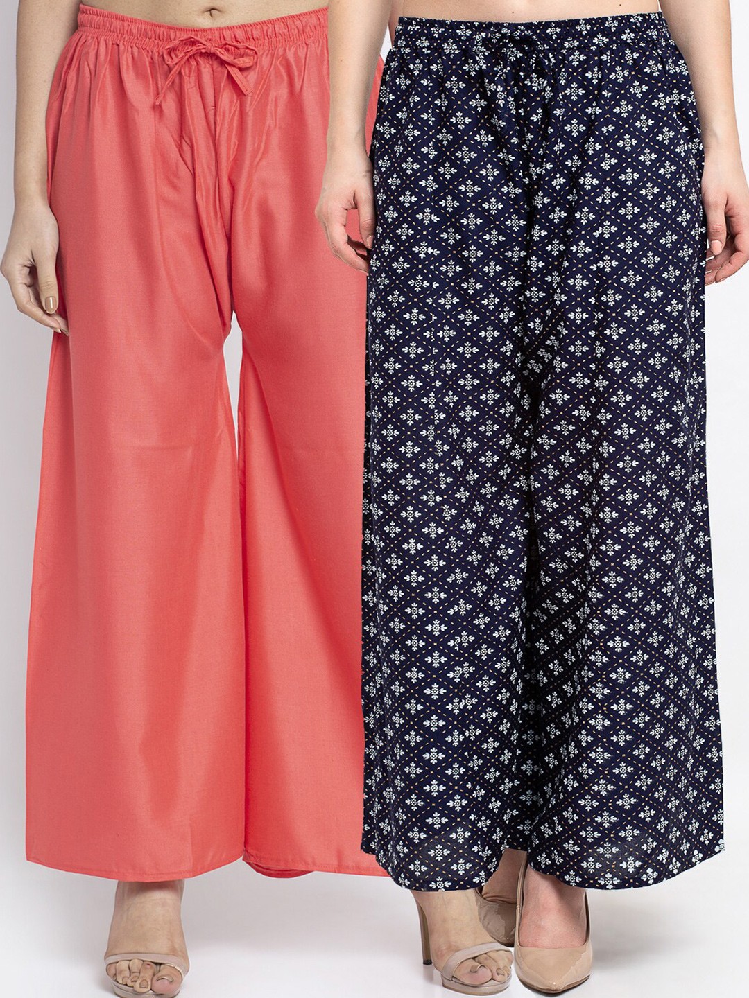 

GRACIT Women Pack Of 2 Coral & Navy Blue Floral Printed Flared Knitted Ethnic Palazzos