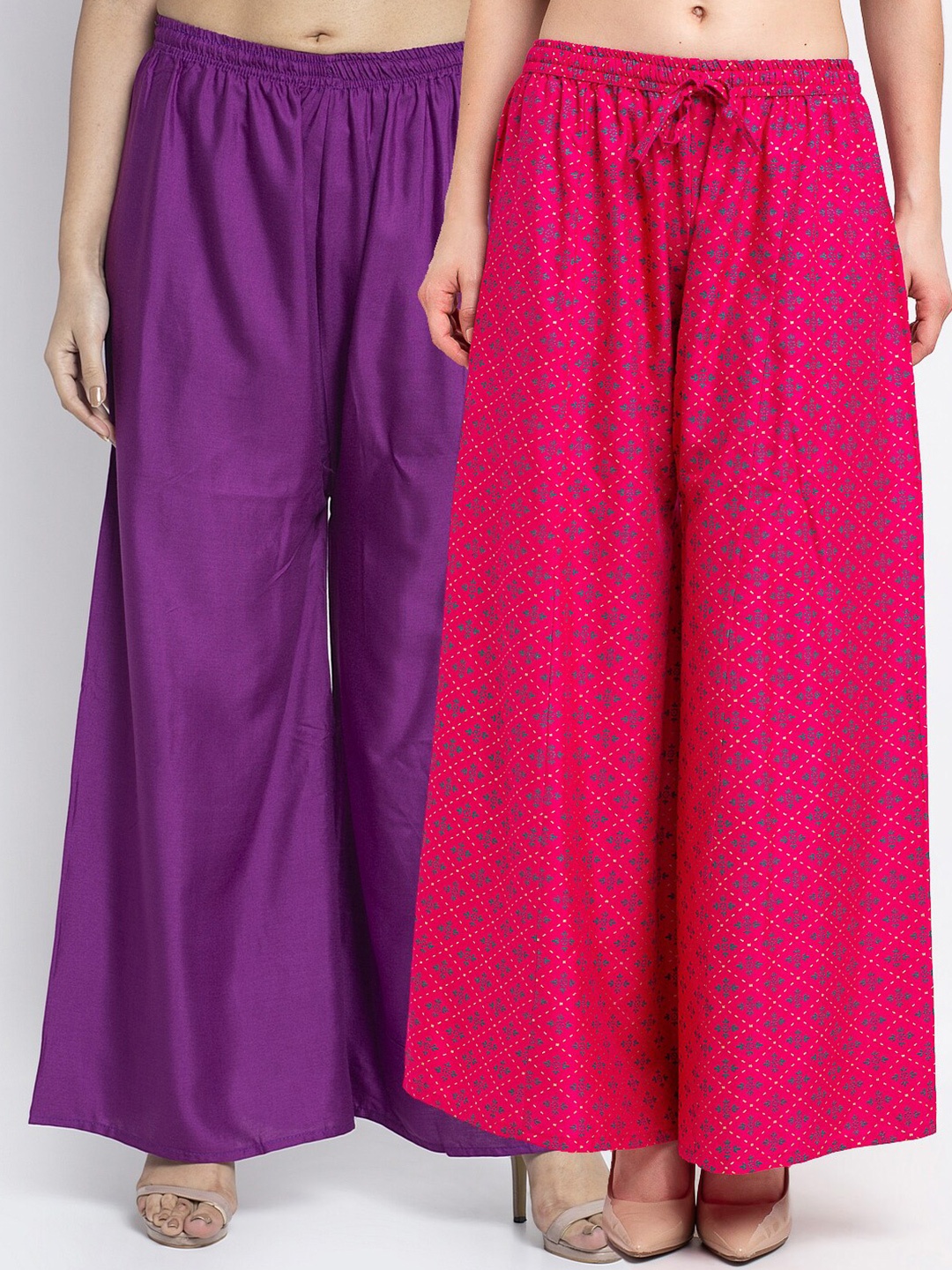 

GRACIT Women Pack Of 2 Purple & Red Floral Printed Flared Knitted Ethnic Palazzos