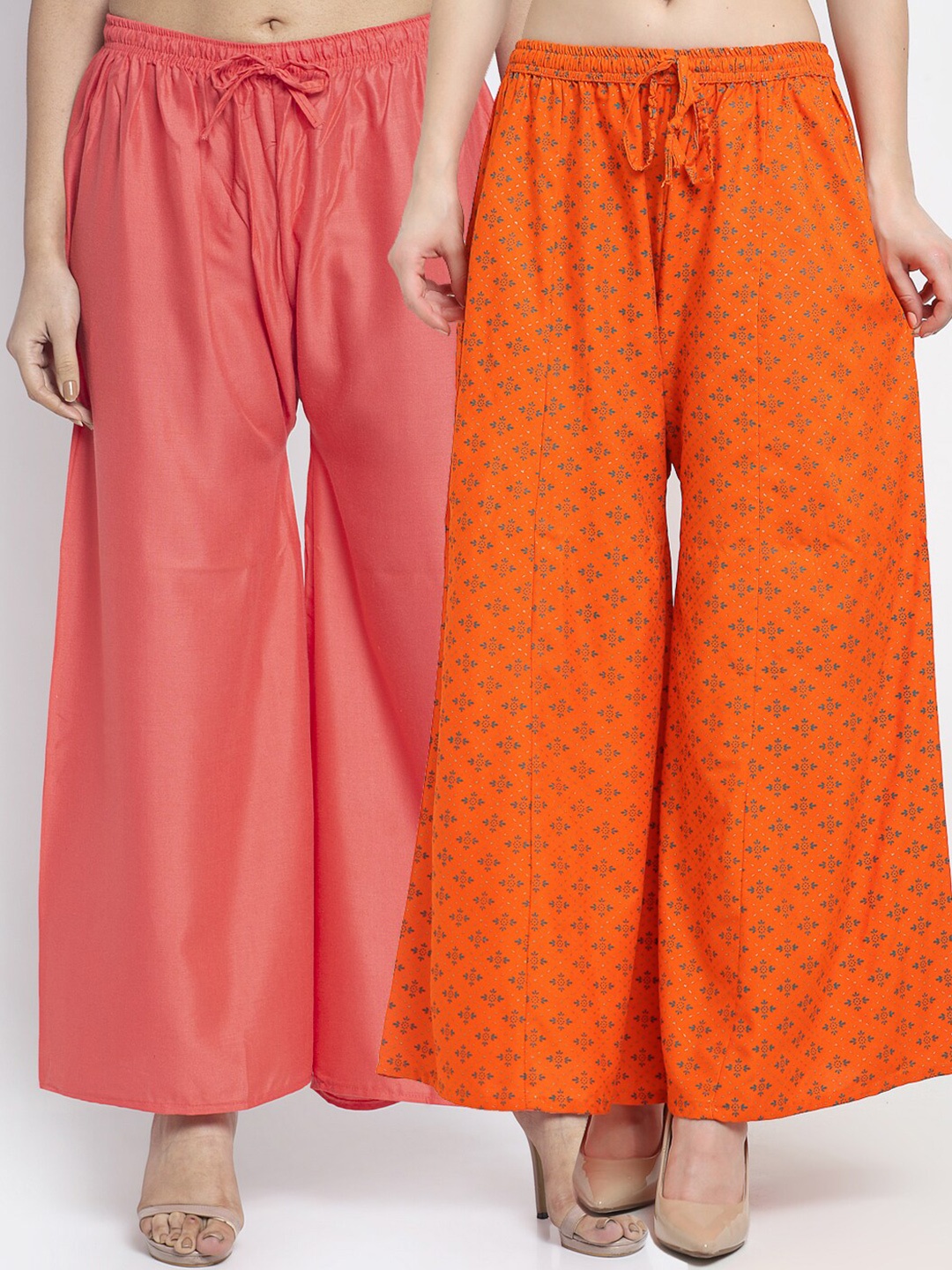 

GRACIT Set-2 Women Orange & Green Floral Printed Flared Knitted Ethnic Palazzos