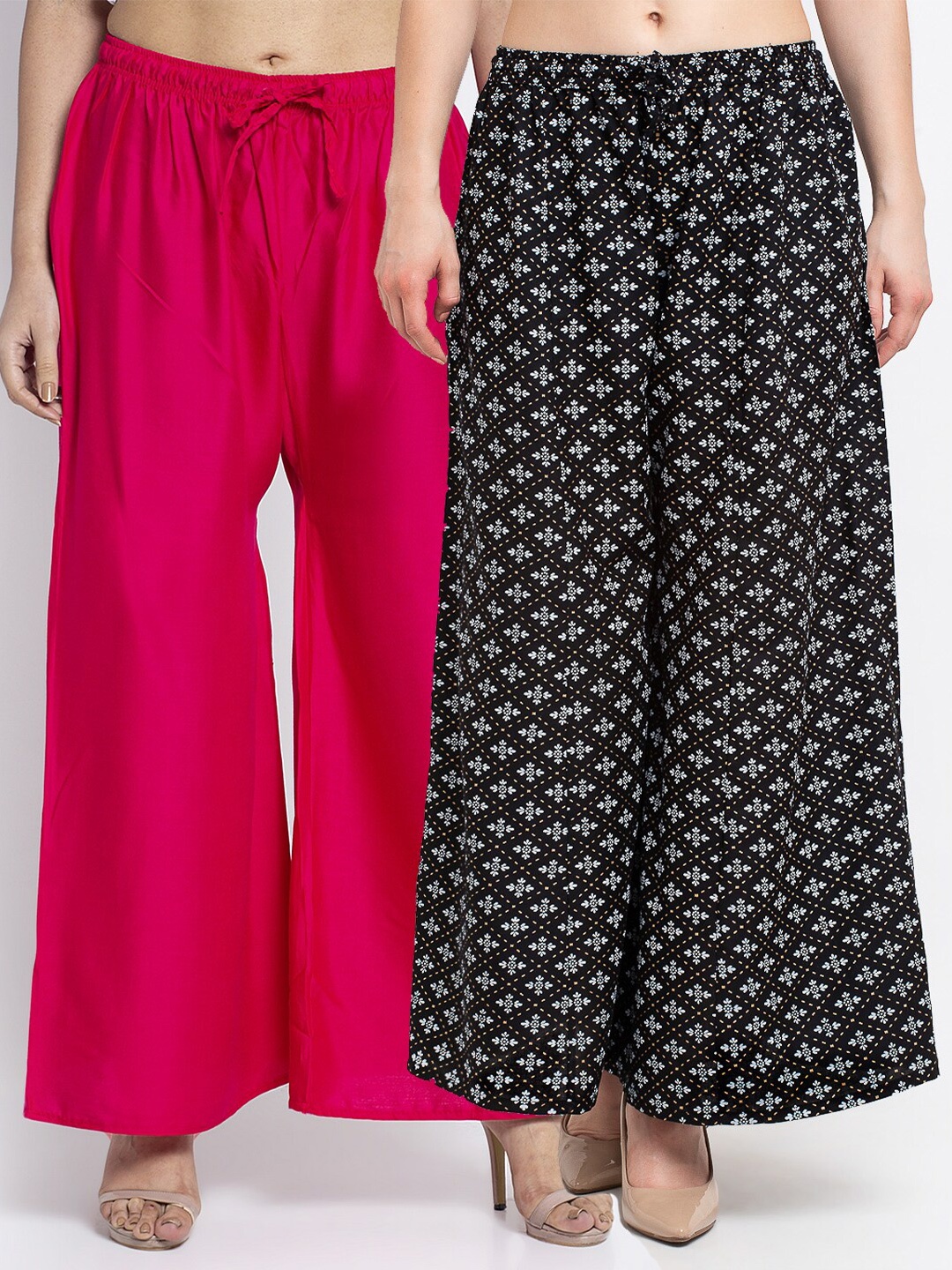 

GRACIT Women Pack of 2 Pink & White Ethnic Motifs Printed Flared Knitted Ethnic Palazzos