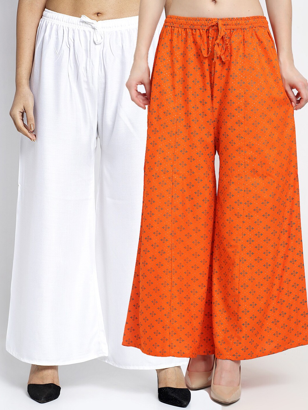 

GRACIT Set-2 Women White & Orange Floral Printed Flared Knitted Ethnic Palazzos