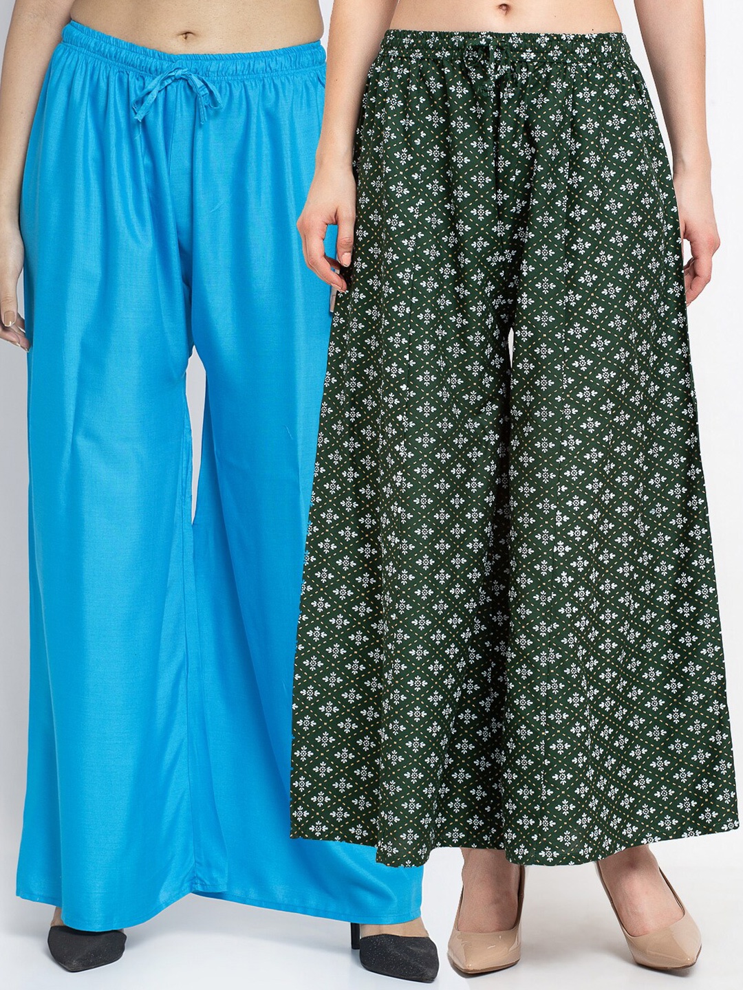 

GRACIT Women Pack Of 2 Blue & Green Floral Printed Flared Knitted Ethnic Palazzos