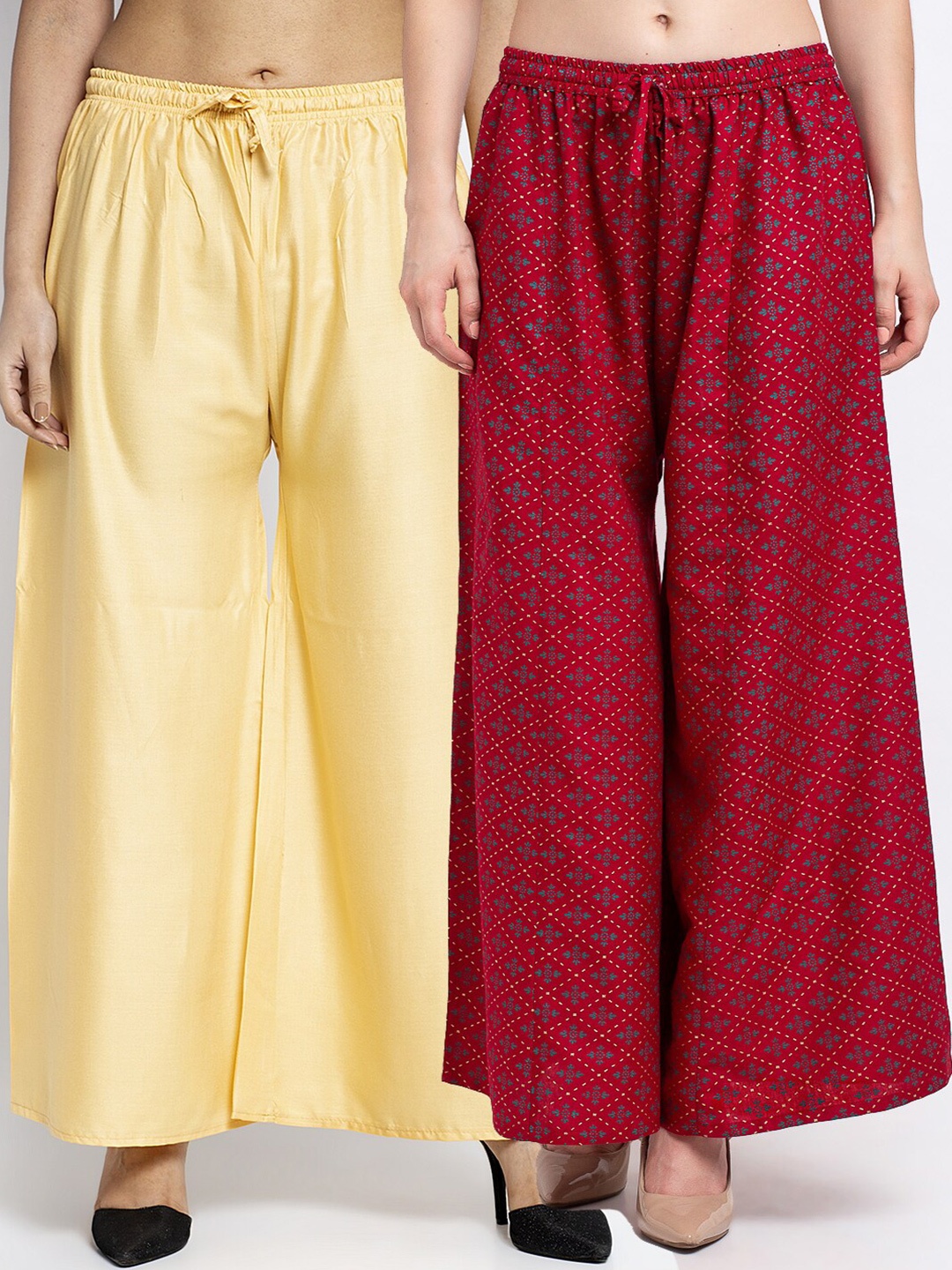 

GRACIT Women Beige & Red Pack Of 2 Floral Printed Flared Knitted Ethnic Palazzos