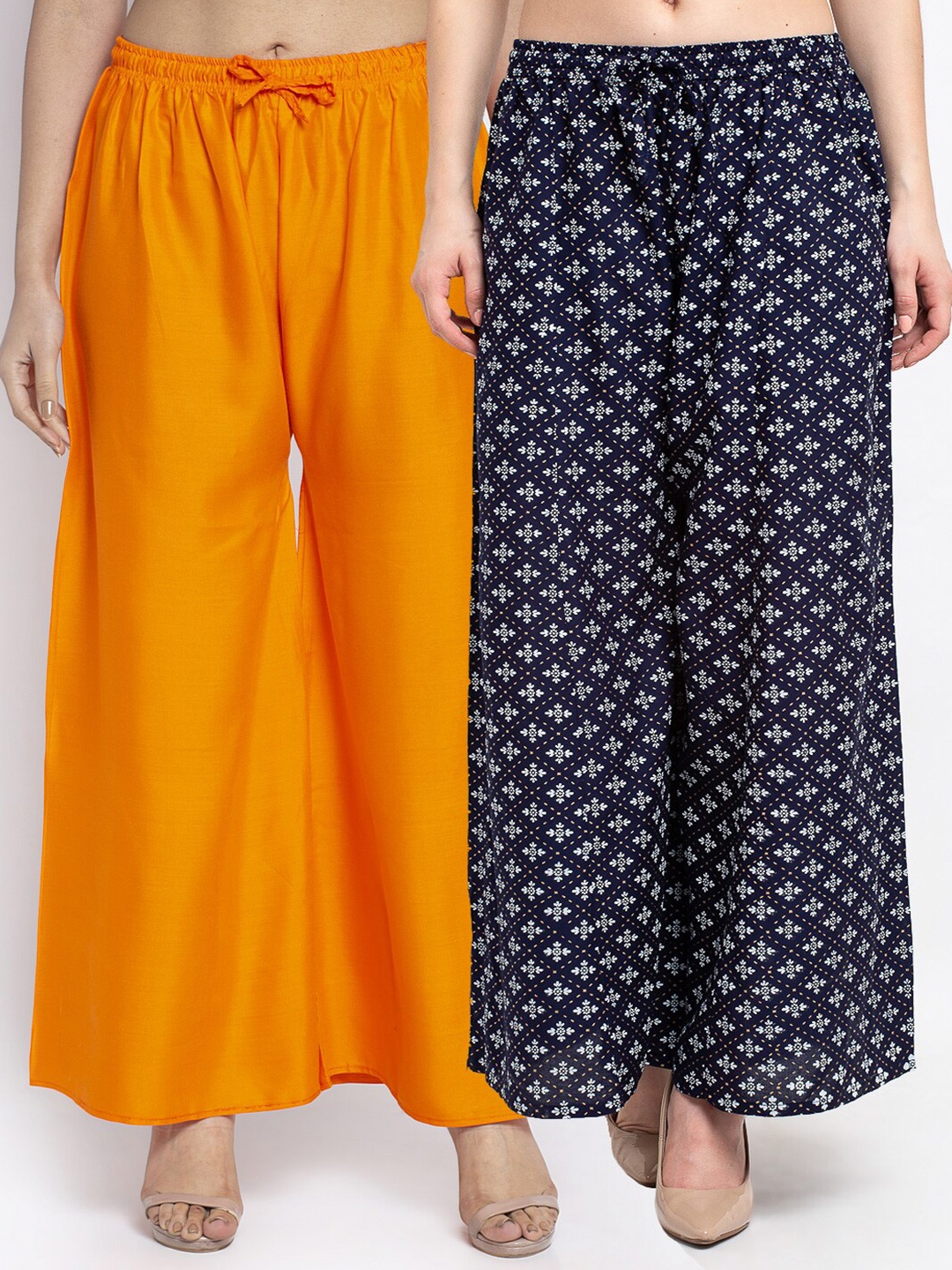 

GRACIT Set-2 Women Orange & White Floral Printed Flared Knitted Ethnic Palazzos