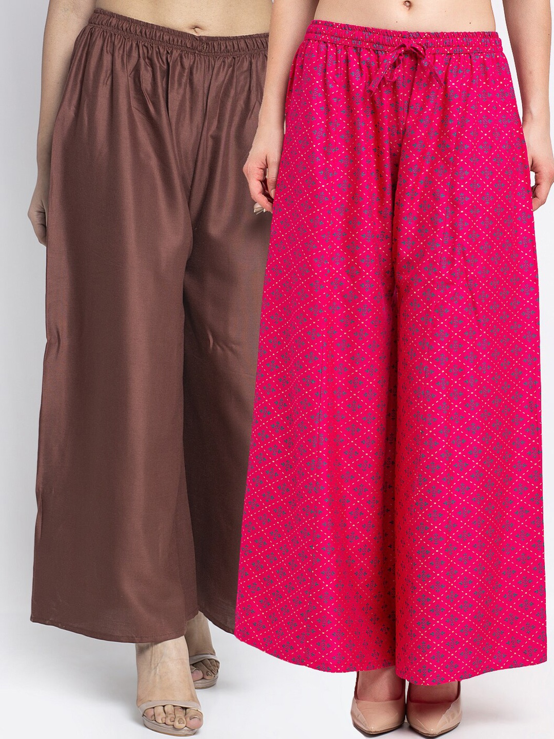 

GRACIT Women Pack Of 2 Brown & Pink Floral Printed Flared Knitted Ethnic Palazzos