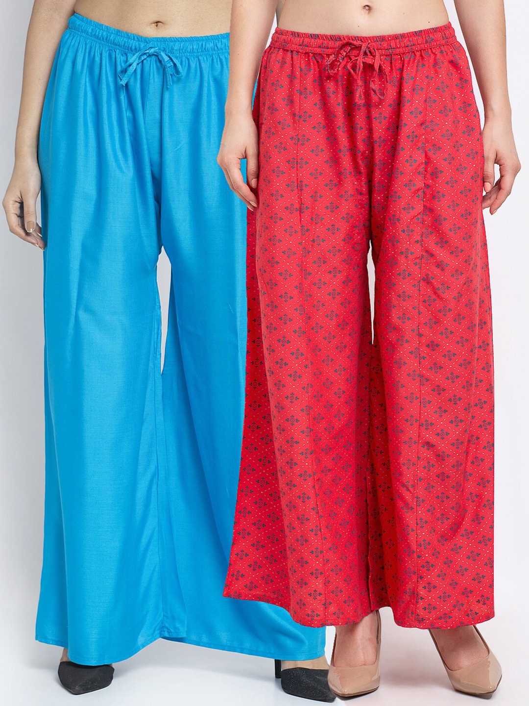 

GRACIT Set-2 Women Blue & Red Floral Printed Flared Knitted Ethnic Palazzos