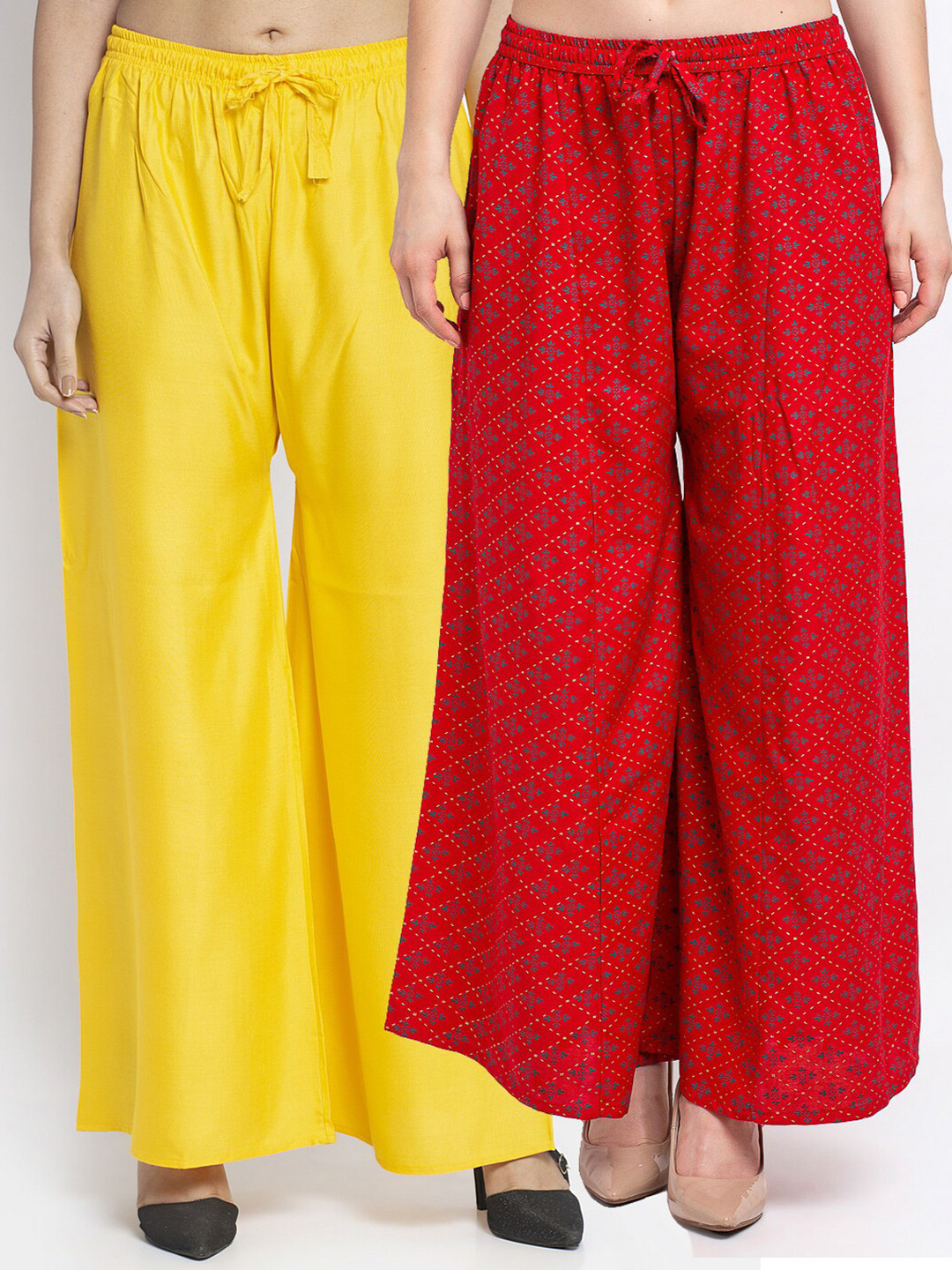 

GRACIT Women Pack of 2 Yellow & Red Ethnic Motifs Printed Flared Knitted Ethnic Palazzos