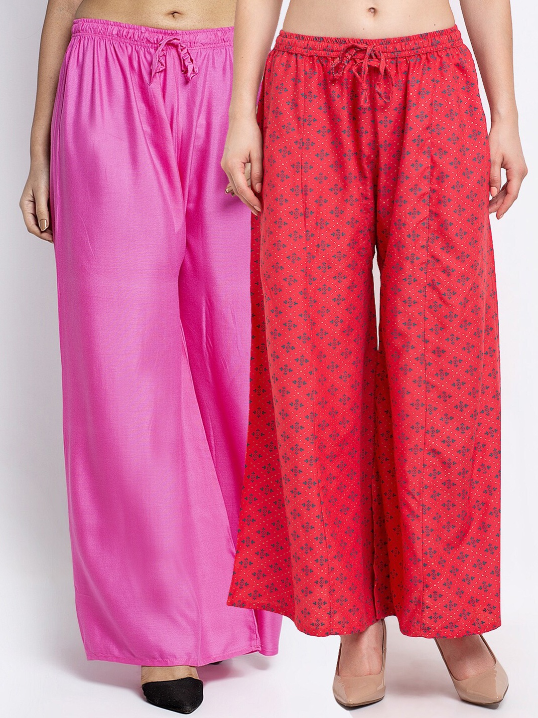 

GRACIT Women Pack of 2 Flared Knitted Ethnic Palazzos, Pink
