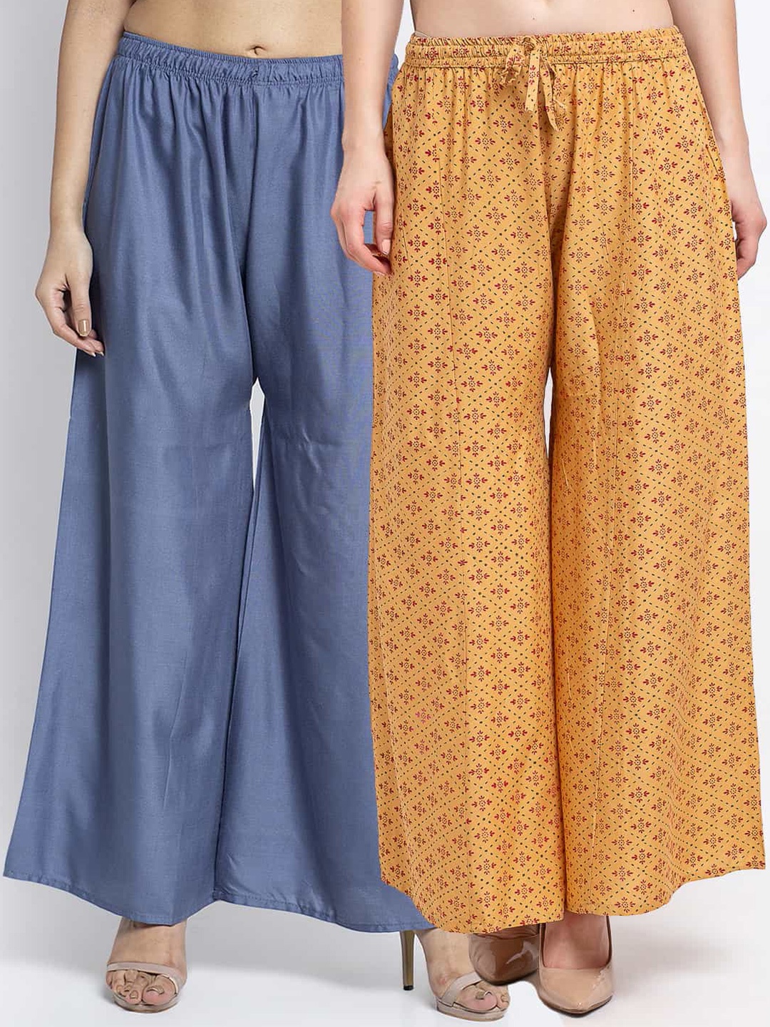 

GRACIT Women Pack Of 2 Grey & Yellow Floral Printed Flared Knitted Ethnic Palazzos