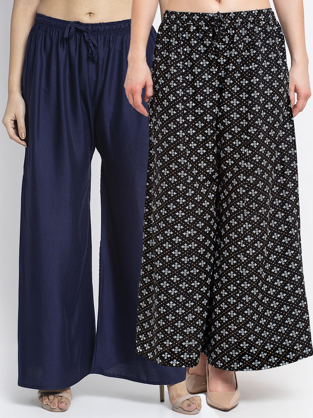 

GRACIT Women Pack of 2 Navy Blue & Black Ethnic Motifs Printed Flared Ethnic Palazzos