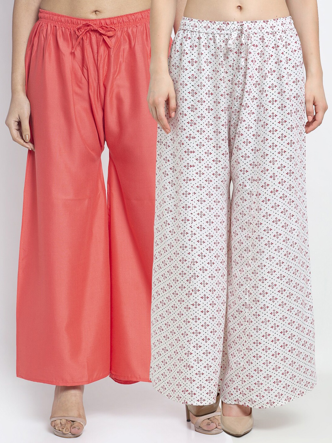 

GRACIT Set-2 Women Coral & White Floral Printed Flared Knitted Ethnic Palazzos