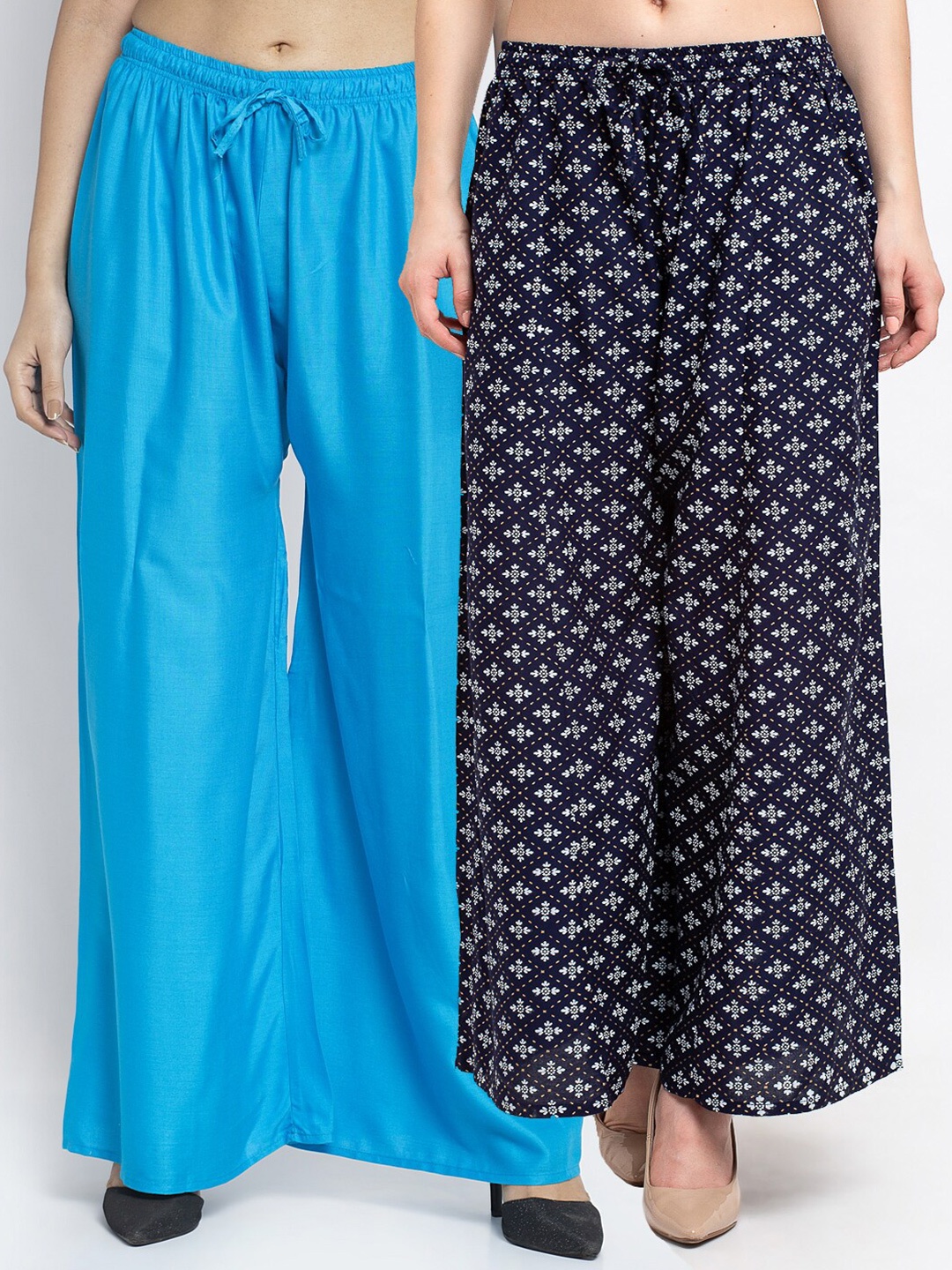 

GRACIT Women Pack Of 2 Blue & Black Floral Printed Flared Knitted Ethnic Palazzos