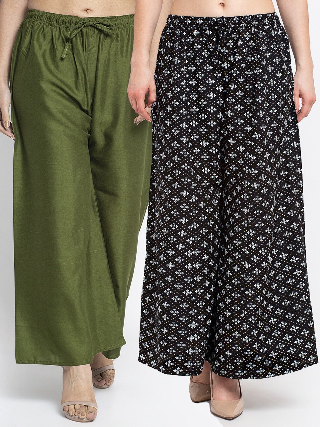 

GRACIT Women Pack Of 2 Green & Black Floral Printed Flared Knitted Ethnic Palazzos