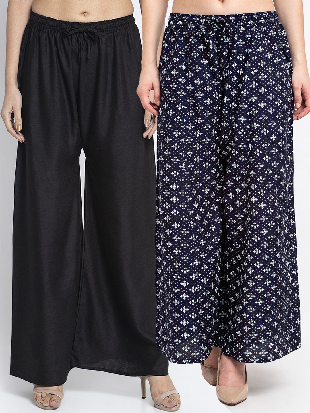 

GRACIT Women Pack Of 2 Black & Navy Blue Floral Printed Flared Knitted Ethnic Palazzos