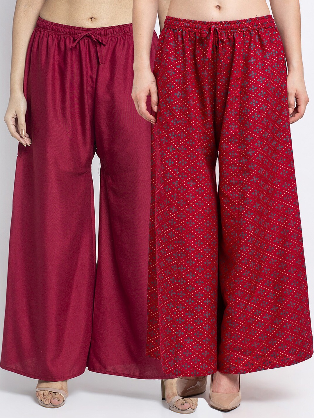 

GRACIT Women Pack Of 2 Maroon & Red Floral Printed Flared Knitted Ethnic Palazzos