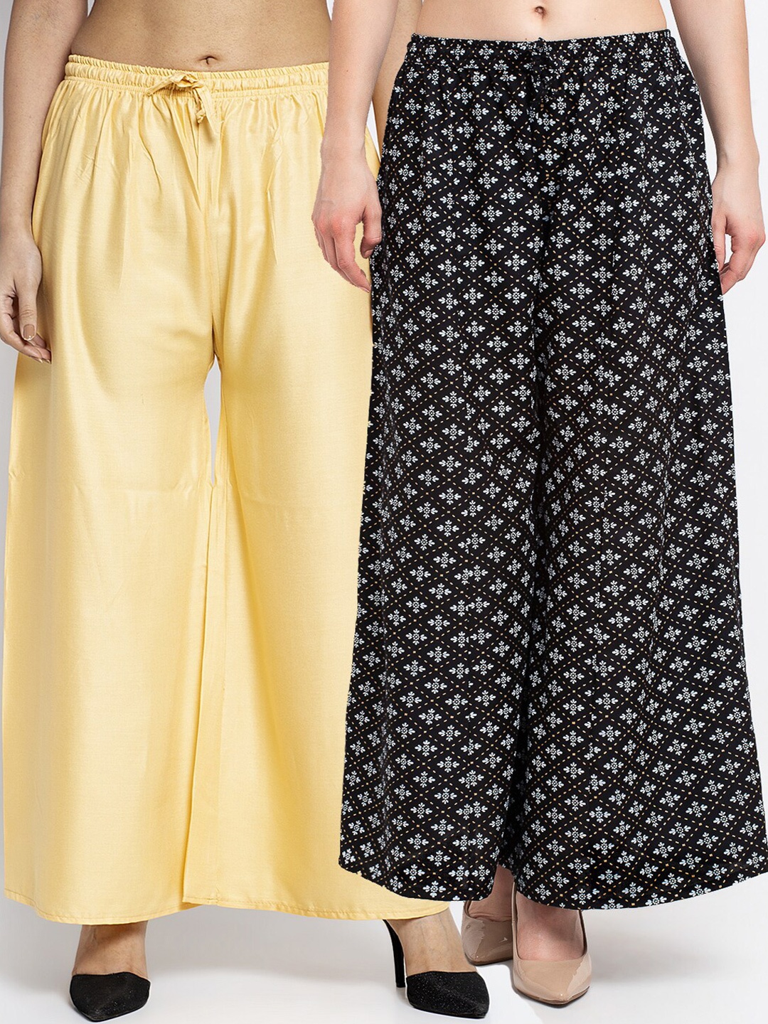 

GRACIT Women Pack of 2 Beige & Black Floral Printed Flared Knitted Ethnic Palazzos