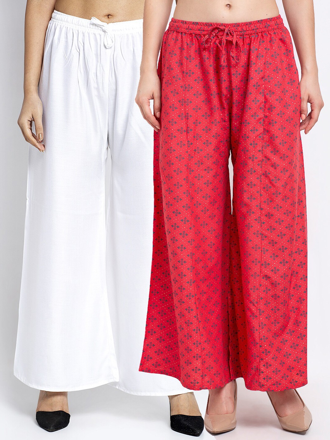 

GRACIT Women Pack Of 2 White & Red Floral Printed Flared Knitted Ethnic Palazzos