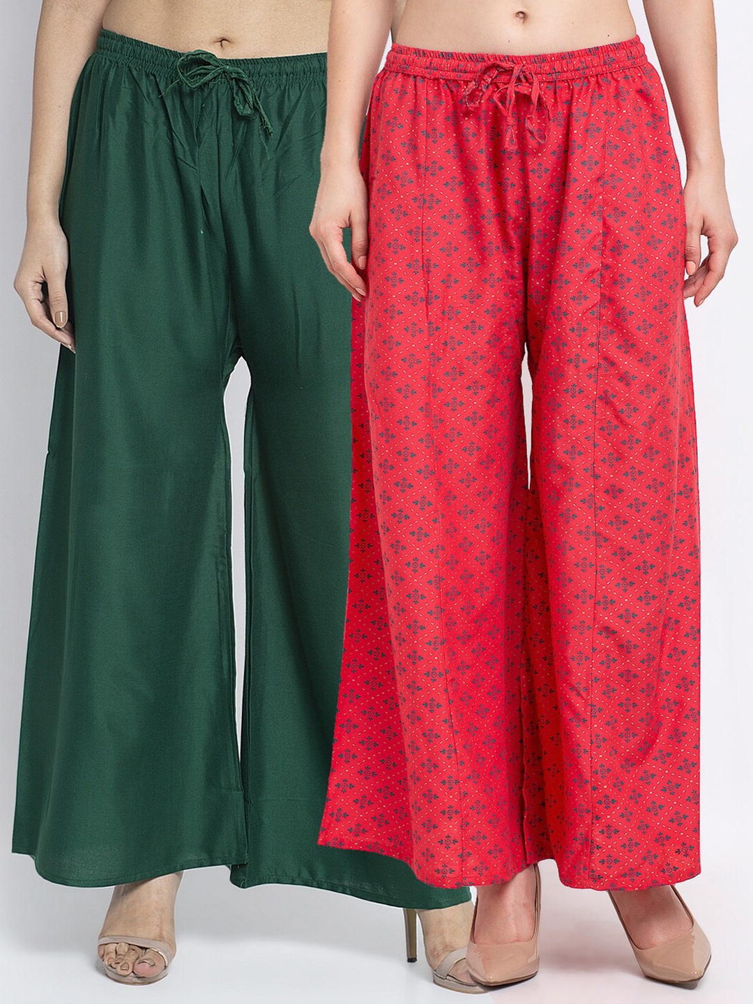 

GRACIT Women Pack of 2 Flared Knitted Ethnic Palazzos, Green