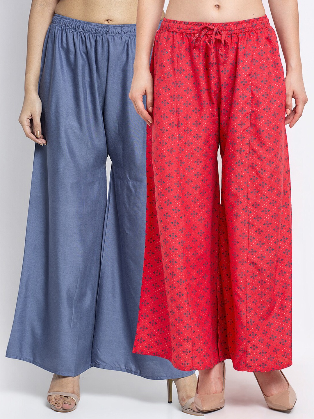 

GRACIT Women Pack Of 2 Grey & Red Floral Printed Flared Knitted Ethnic Palazzos