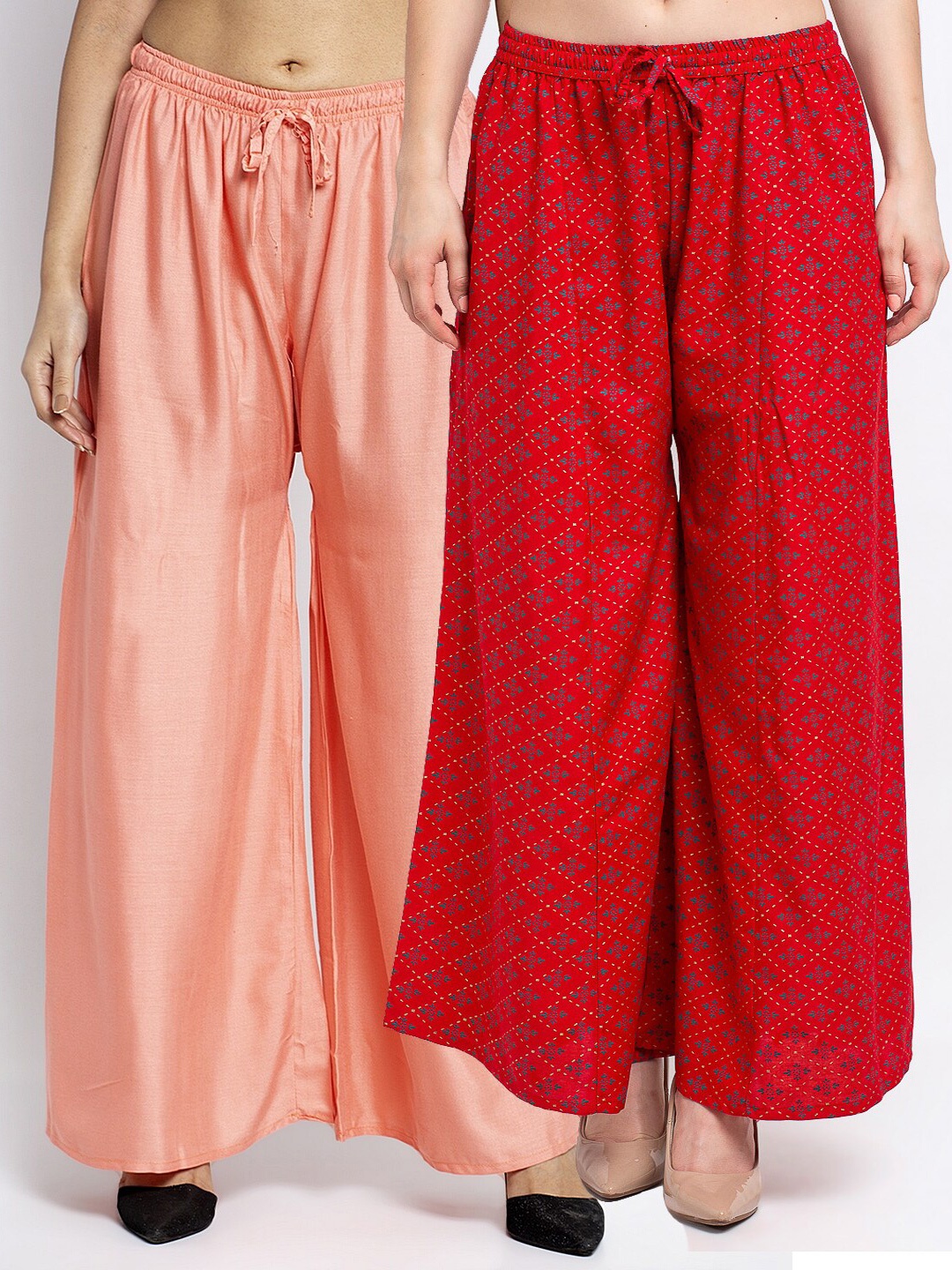 

GRACIT Set-2 Women Peach-Coloured & Red Floral Printed Flared Knitted Ethnic Palazzos