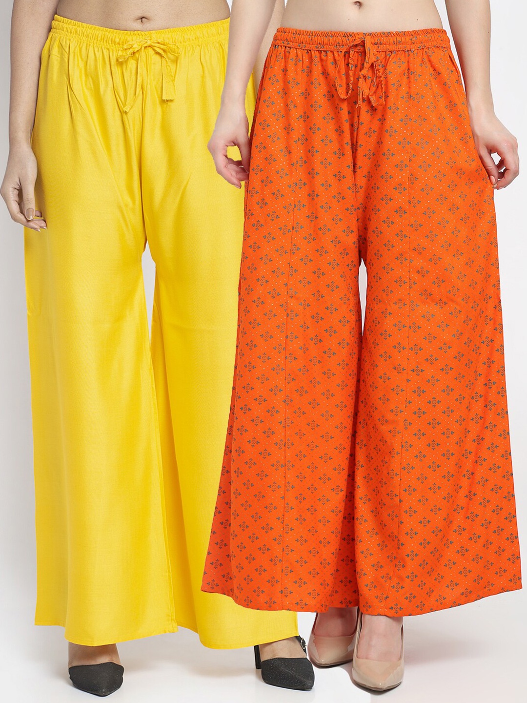 

GRACIT Women Pack Of 2 Yellow & Orange Floral Printed Flared Knitted Ethnic Palazzos