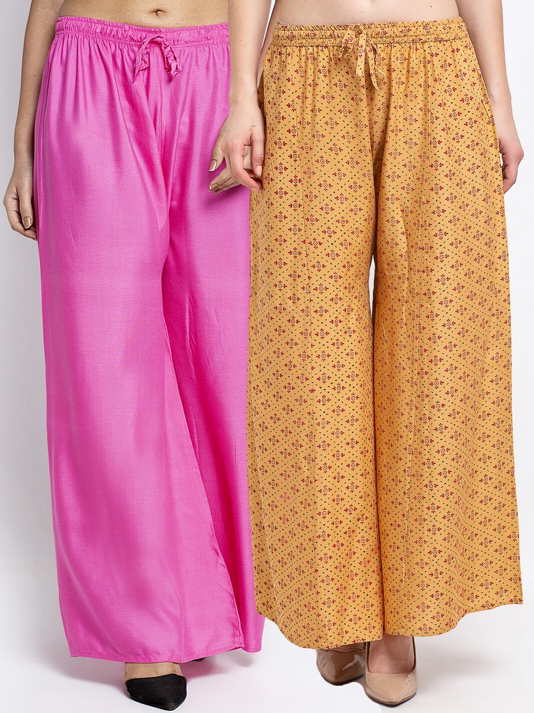 

GRACIT Set-2 Women Pink & Yellow Floral Printed Flared Knitted Ethnic Palazzos