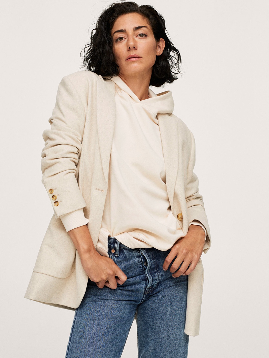 

MANGO Women Off White Solid Hooded Sweatshirt