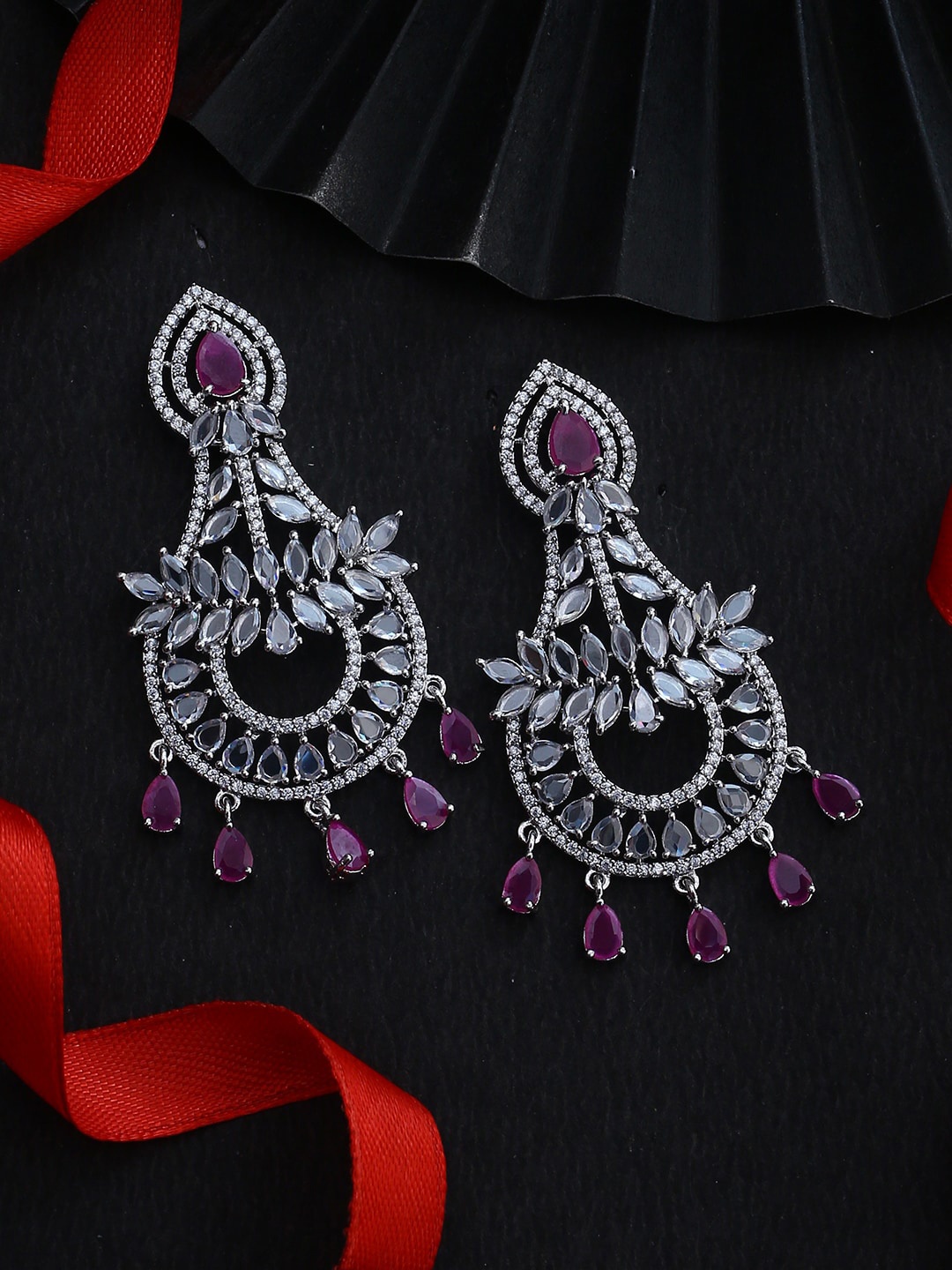 

Voylla Silver-Toned & Pink CZ-Studded Drop Earrings