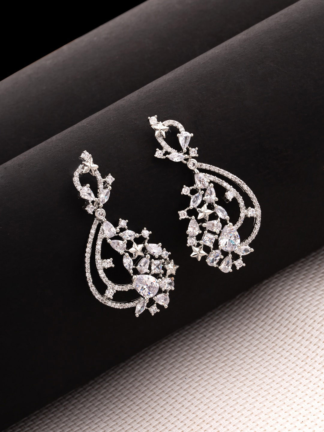 

Studio Voylla Silver-Toned Rhodium-Plated CZ Studded Contemporary Drop Earrings