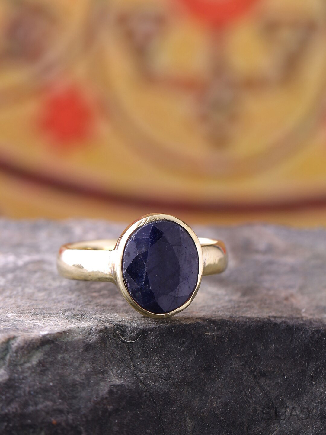 

Dare by Voylla Men Gold-Toned & Blue Sapphire Stone Studded Antique Finger Ring