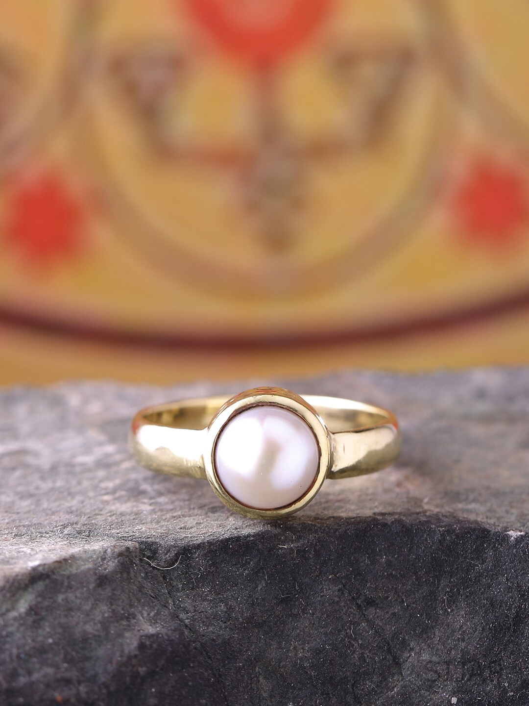 

Dare by Voylla Men Gold-Toned & White Pearl Stone Studded Antique Finger Ring With Lab Test Certificate