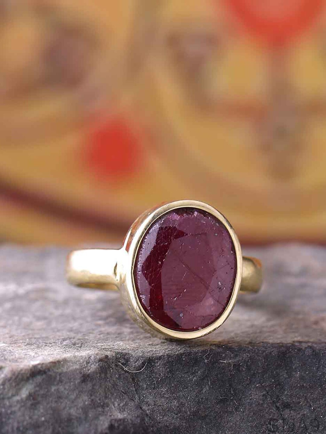 

Dare by Voylla Men Gold-Toned & Red Ruby Stone Studded Antique Finger Ring