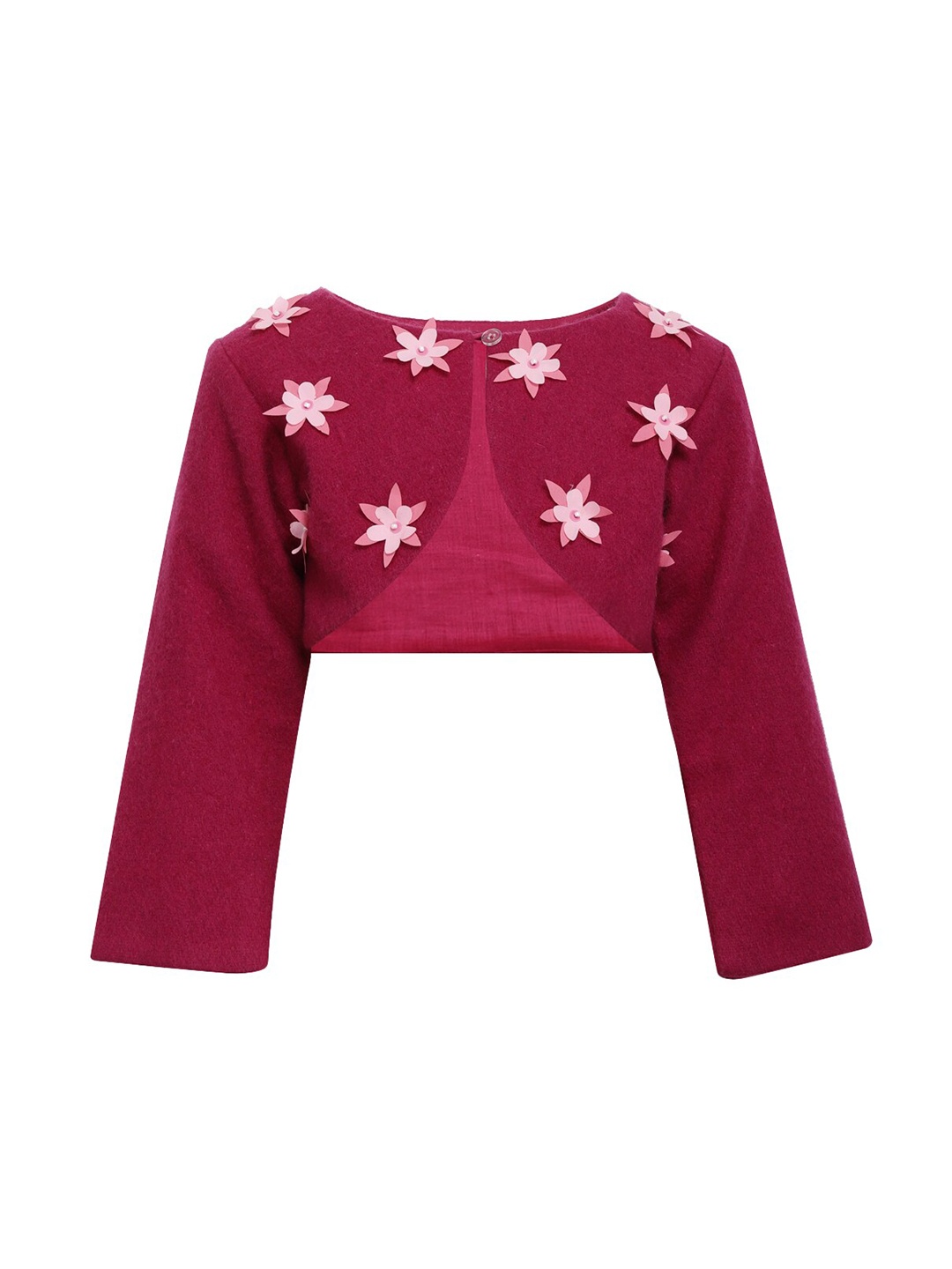 

A Little Fable Girls Pink & White Daisy Self Design Wool Crop Shrug