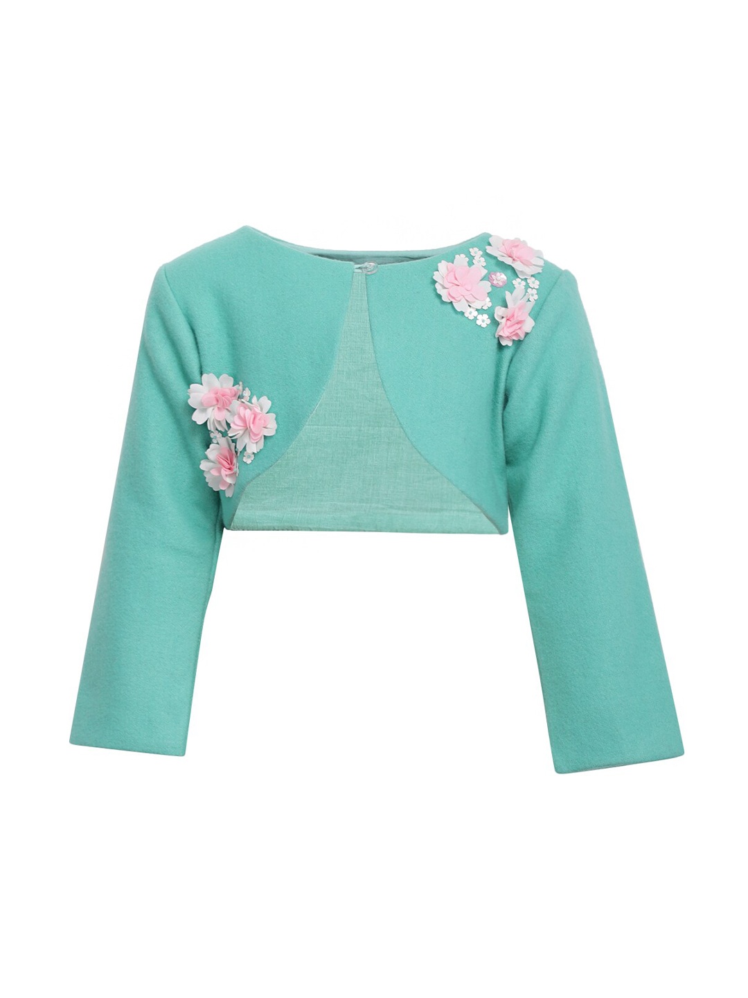 

A Little Fable Girls Sea Green & Pink Flower Wool Crop Shrug
