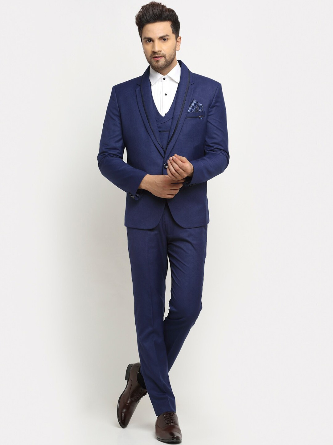 

LUXURAZI Men Navy Blue Self-Design Single Breasted Three-Piece Suit