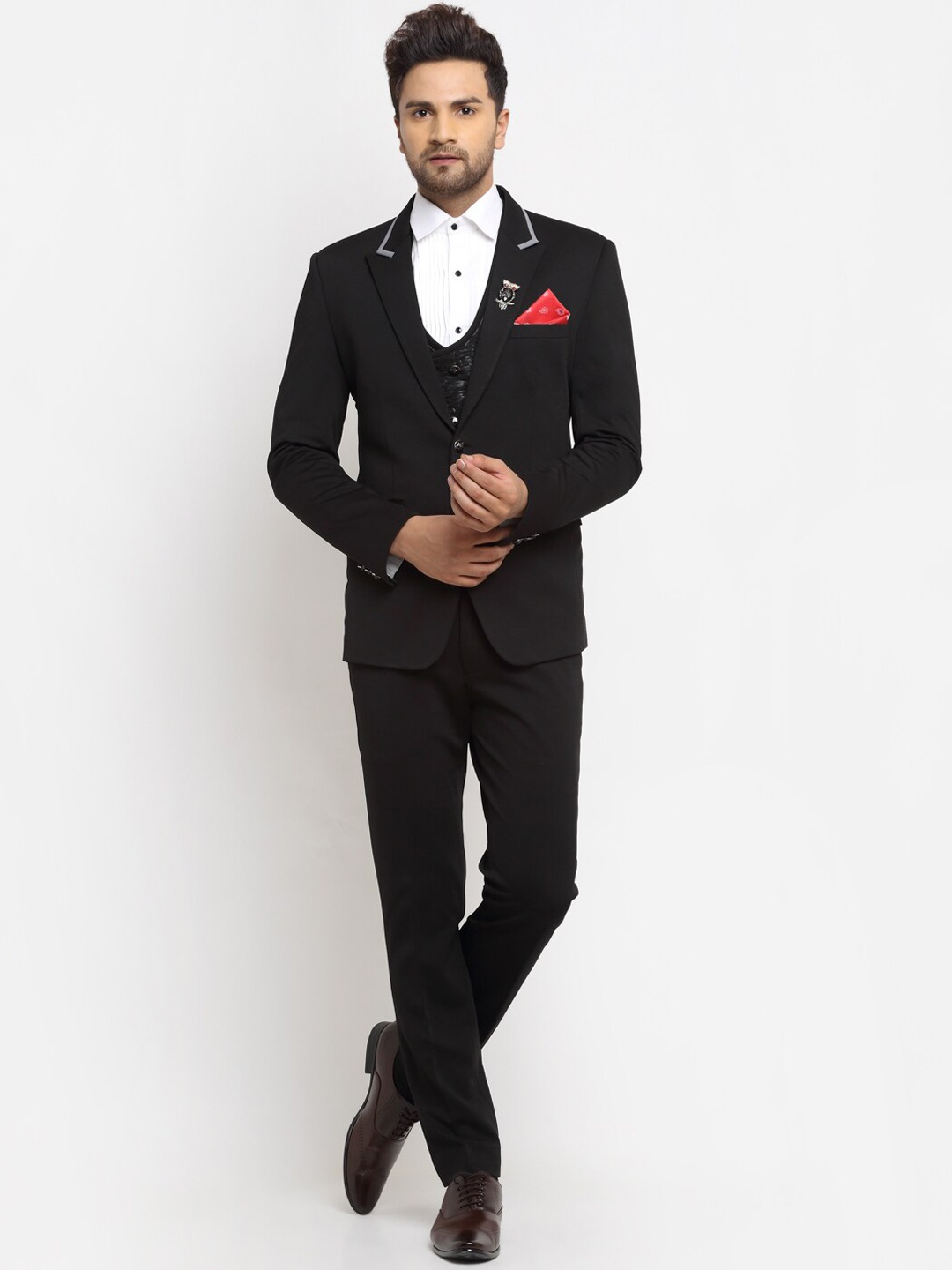 

LUXURAZI Men Black Solid Single-Breasted 3 Piece Formal Suit