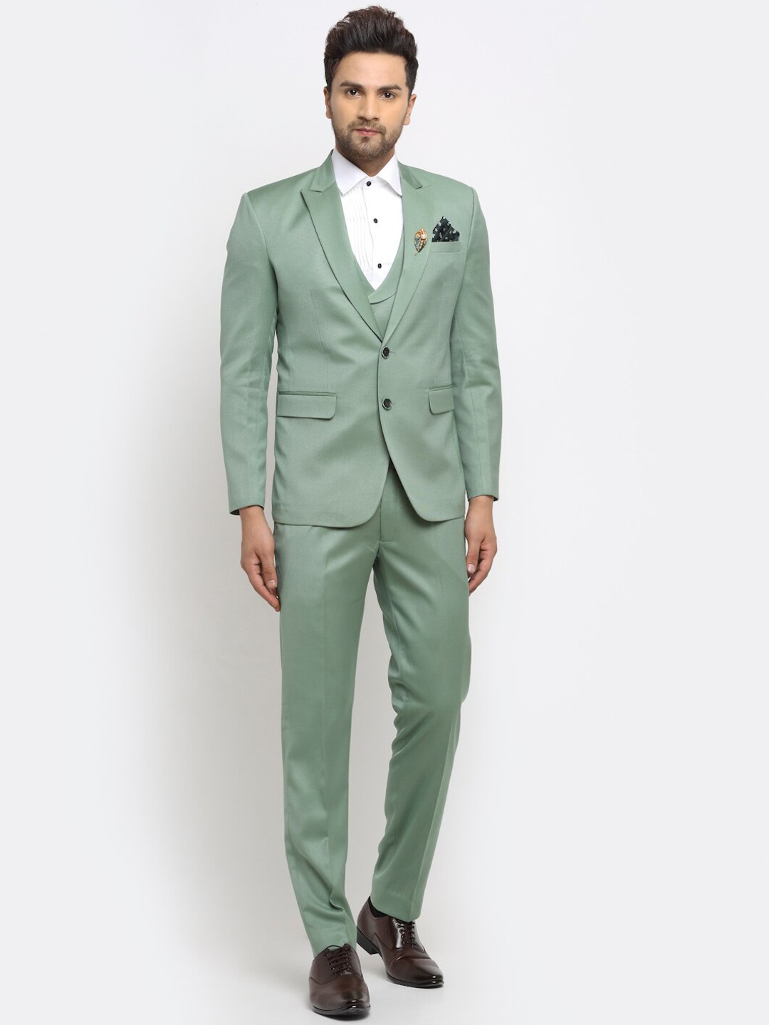 

LUXURAZI Men Green Solid Single-Breasted 3 Piece Formal Suit