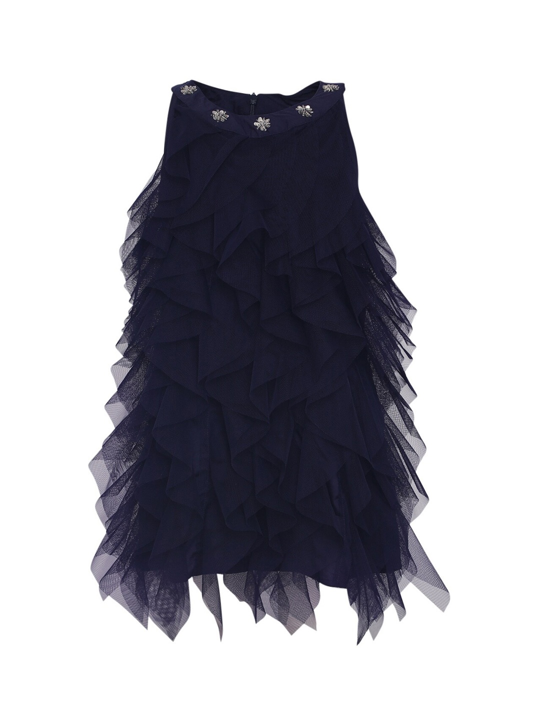 

A Little Fable Navy Blue Crepe Waterfall Ruffles A-Line Dress