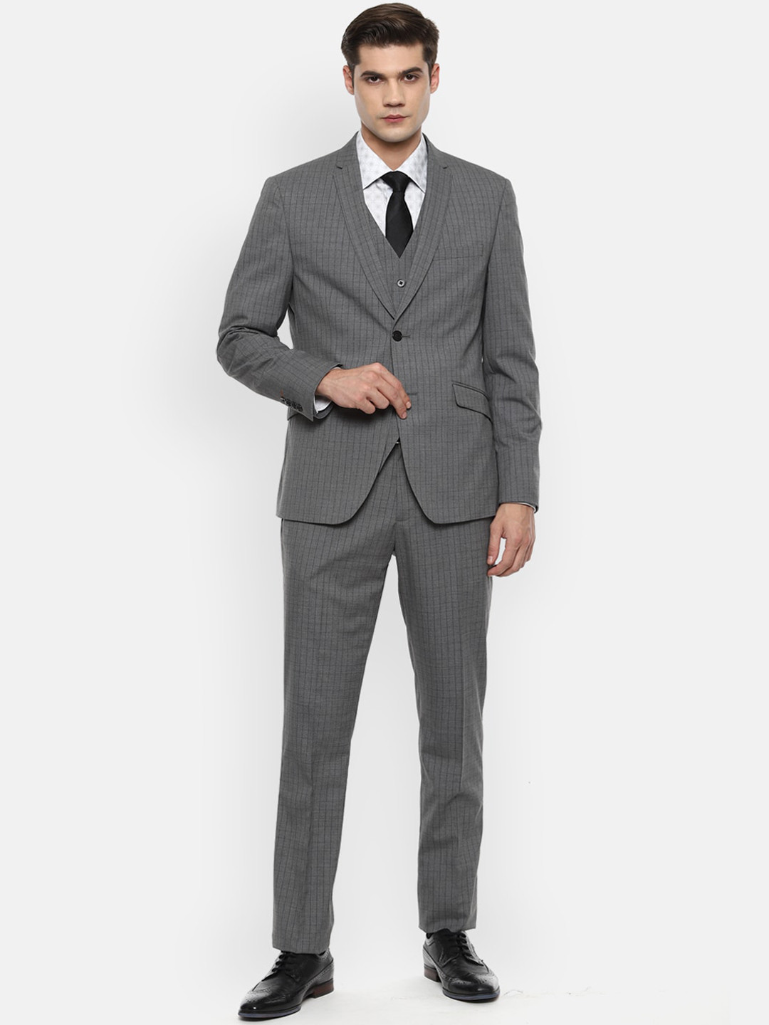 

V Dot Men Grey & Black Striped Slim-Fit Single-Breasted 3 Piece Formal Suit