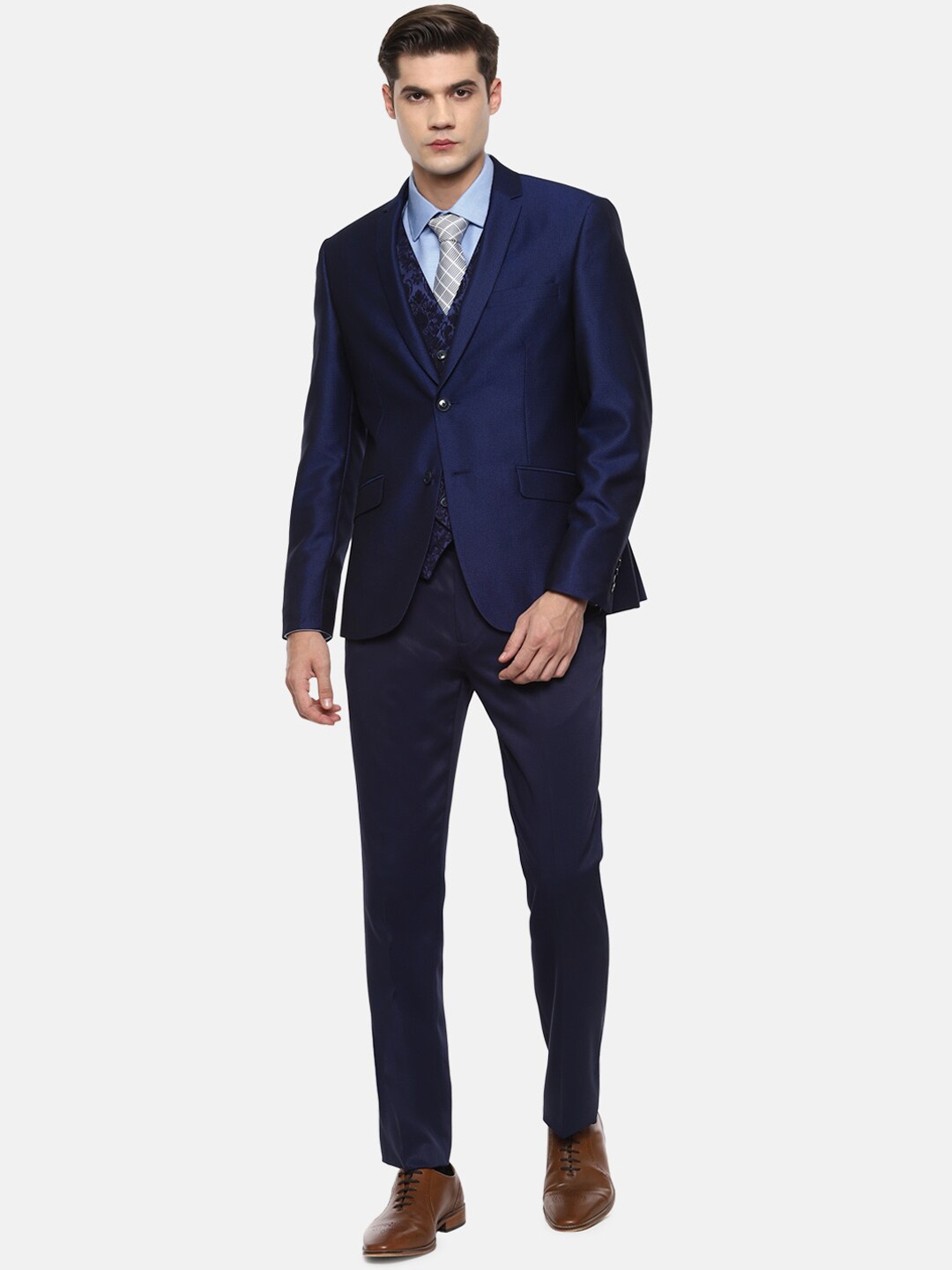 

V Dot Men Navy Blue Self Design Tailored Fit Four Piece Suit