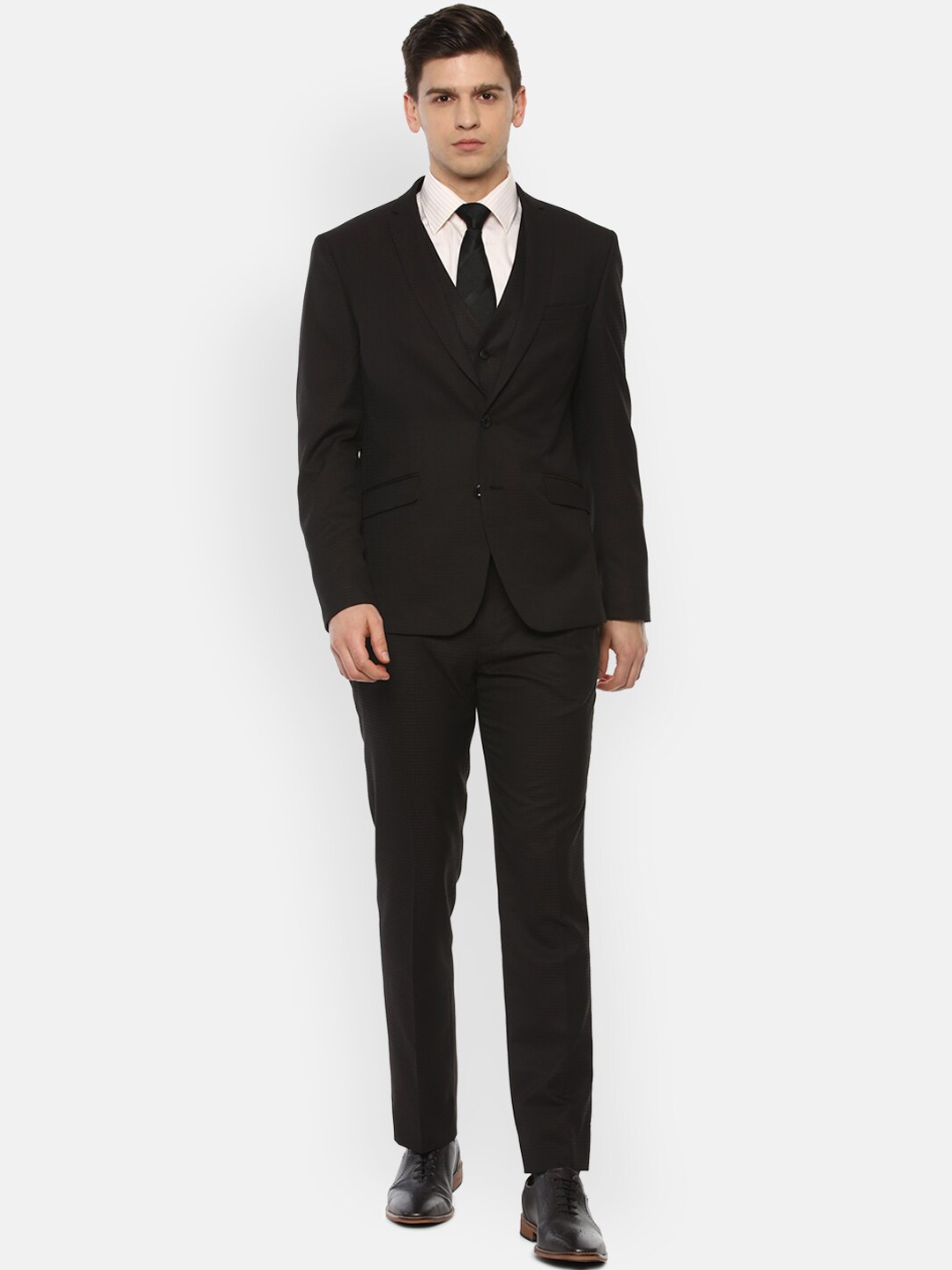 

V Dot Men Black Self Design Single Breasted Slim-Fit Three-Piece Suit