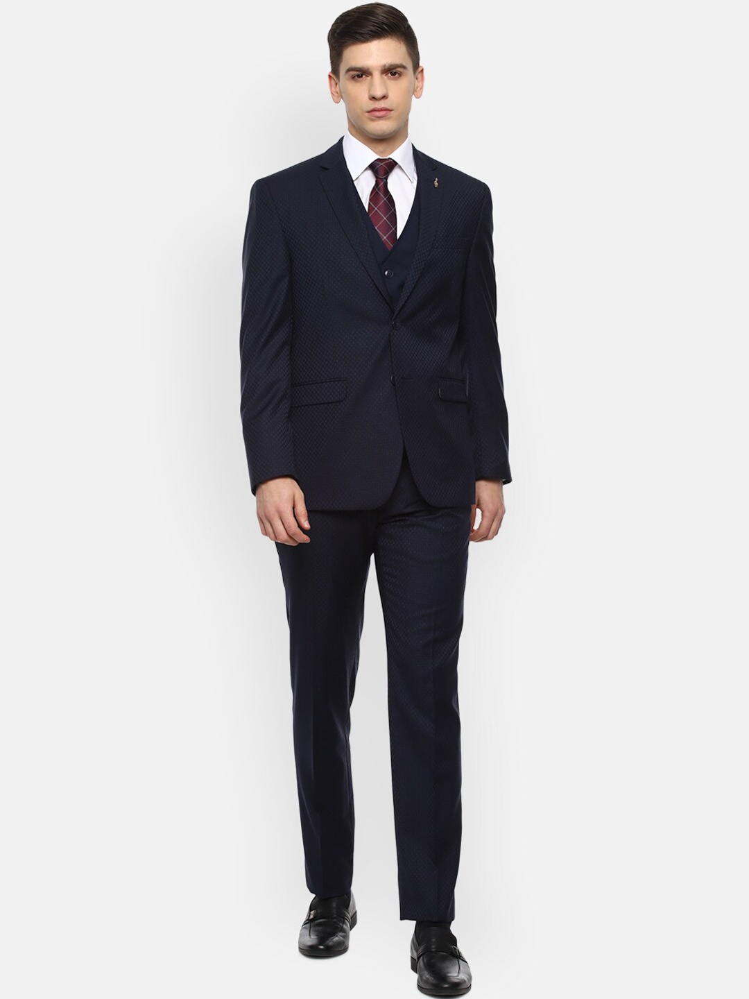 

Van Heusen Men Navy Blue Self Design Slim-Fit Single Breasted Four-Piece Suit