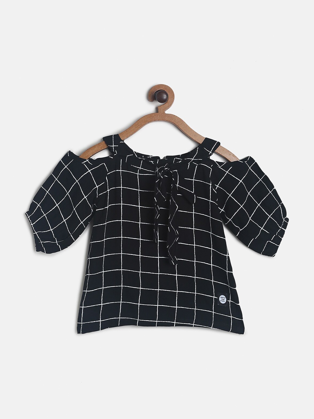 

TALES & STORIES Girls Black & White Checked Cold-Shoulder Sleeves A-Line Top