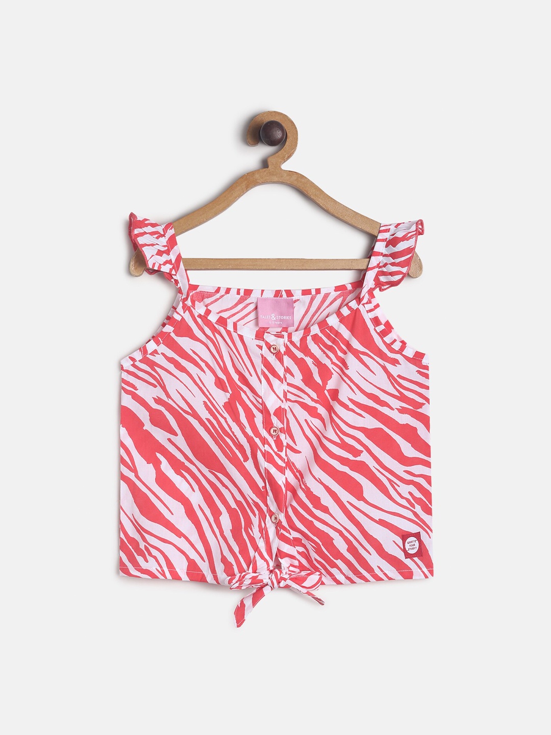 

TALES & STORIES Red Animal Printed Waist Tie-Up Regular Crop Top