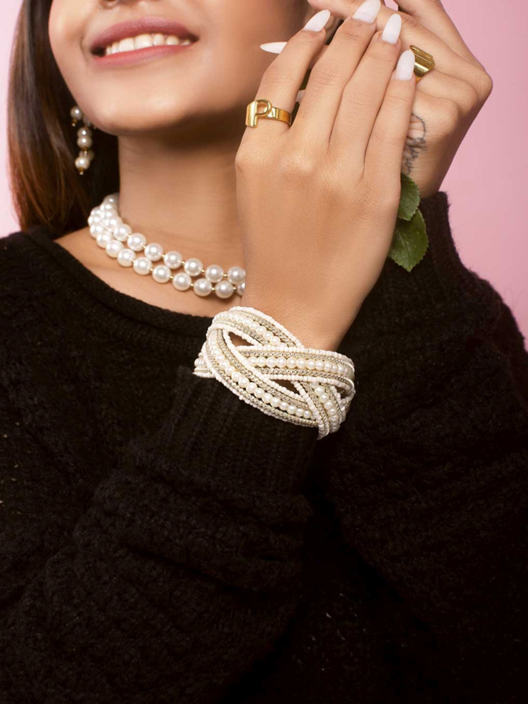 

ToniQ Women Gold-Toned & White Pearl Beaded Cuff Bracelet