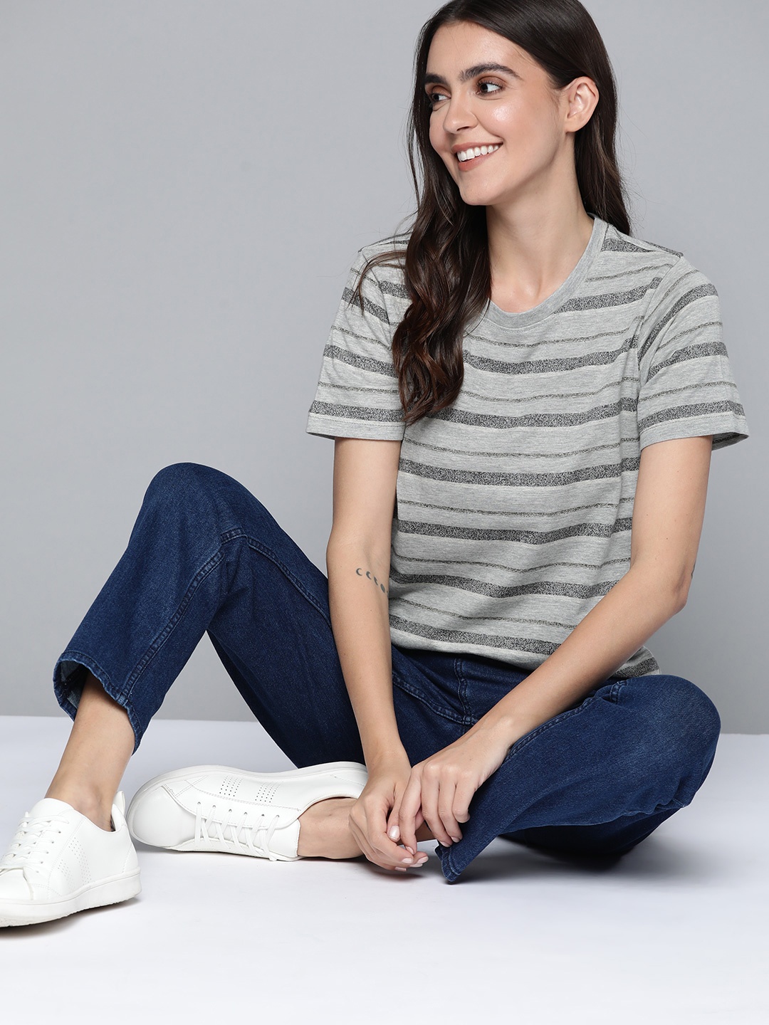 

Mast & Harbour Women Grey Melange Pure Cotton Striped T-shirt